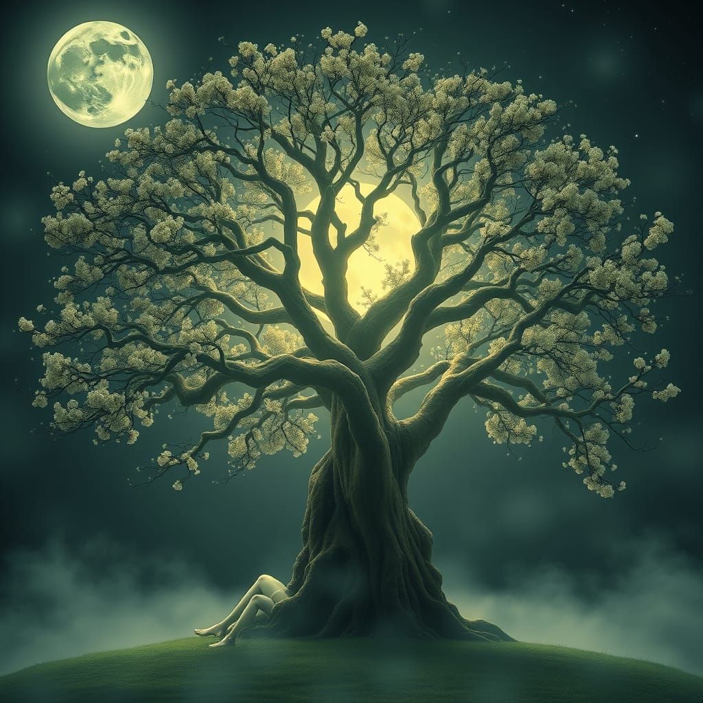 Yggdrasil Blooms Under Full Moonlight