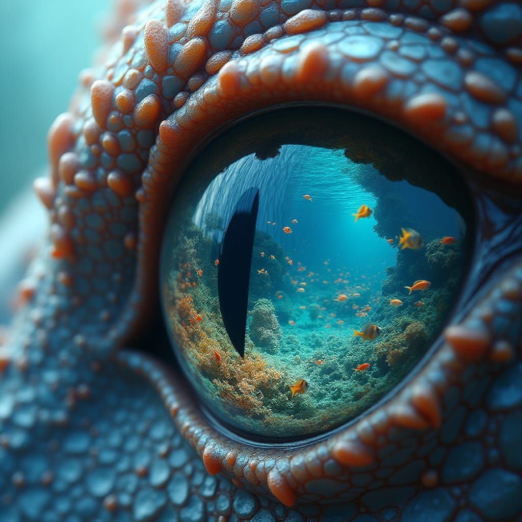 Dragon's Eye Reflecting a Vibrant Coral Reef