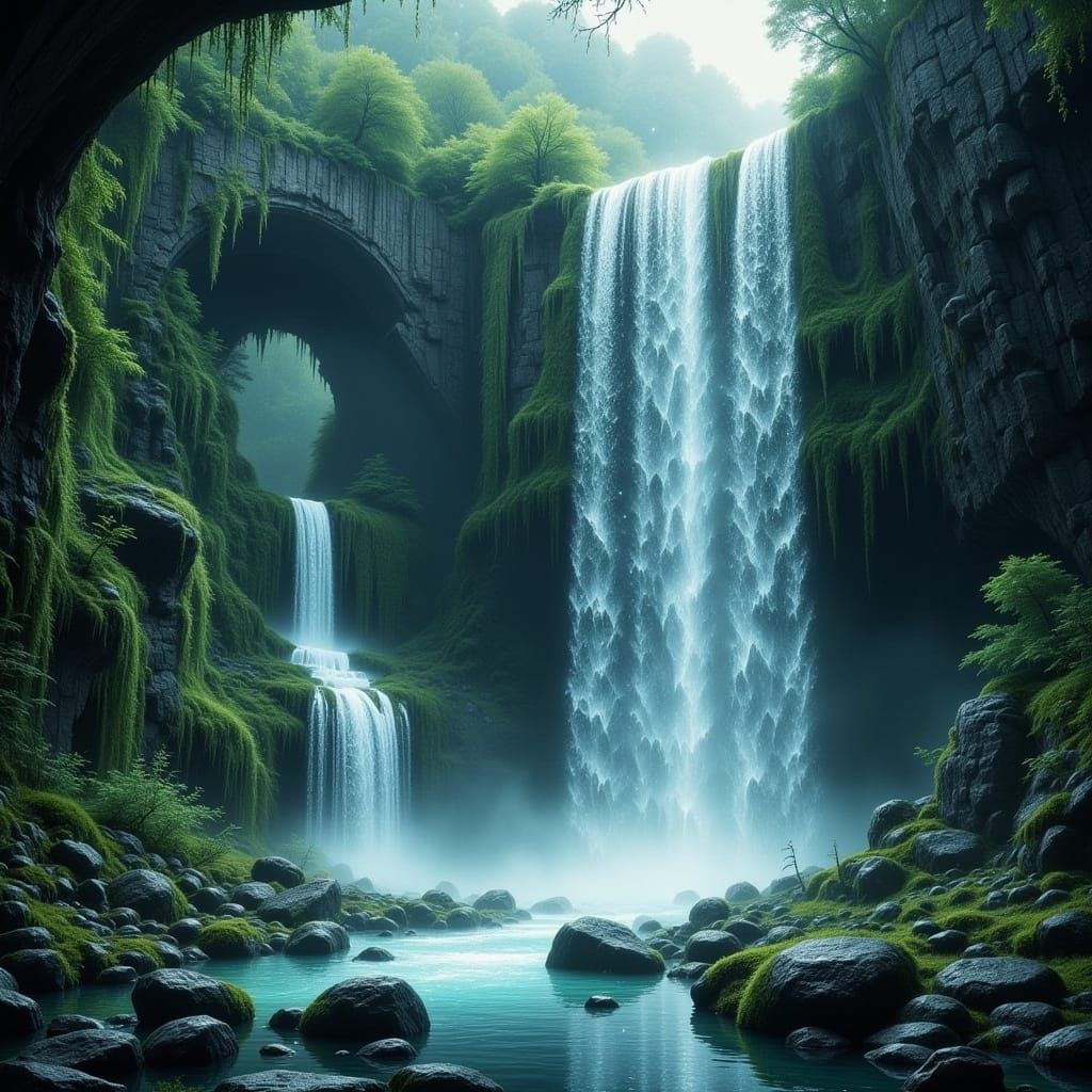Mystical Waterfall in an Ancient, Labyrinthine Landscape