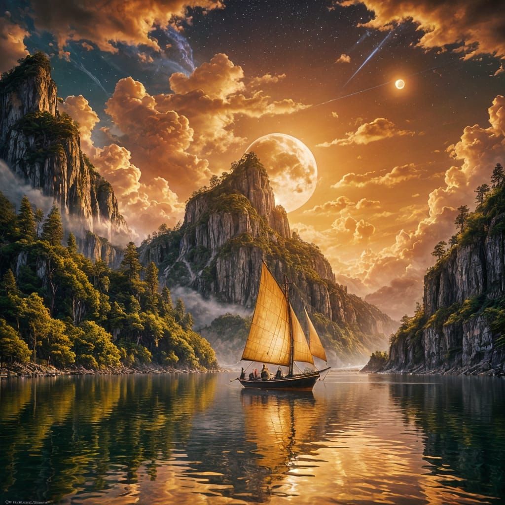 Golden Sails at Sunset: A Fantasy Seascape