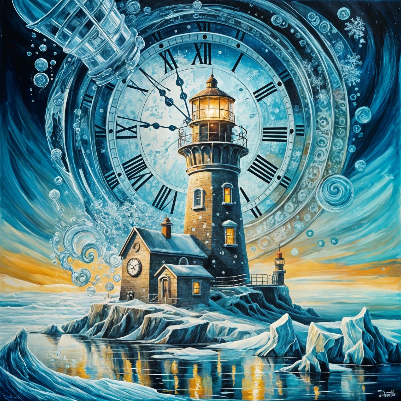 Lighthouse with Clock on Frozen Sea