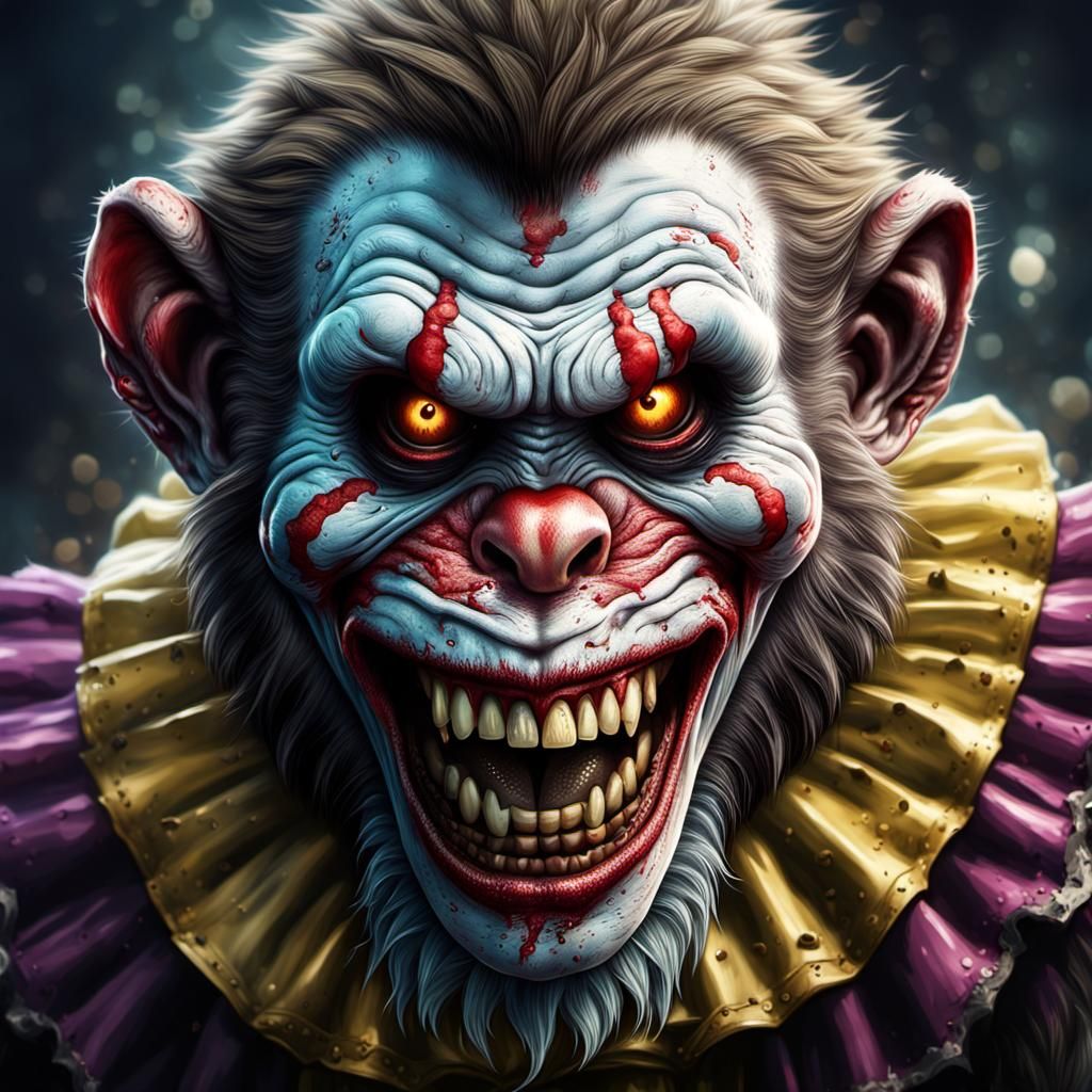 Zombie Monkey Clown Grinning Maniacally: Fantasy Art