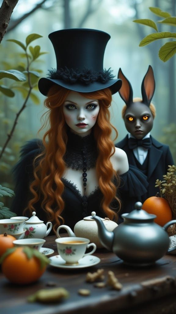 Gothic Tea Party Scene in Dark Fantasy Realism