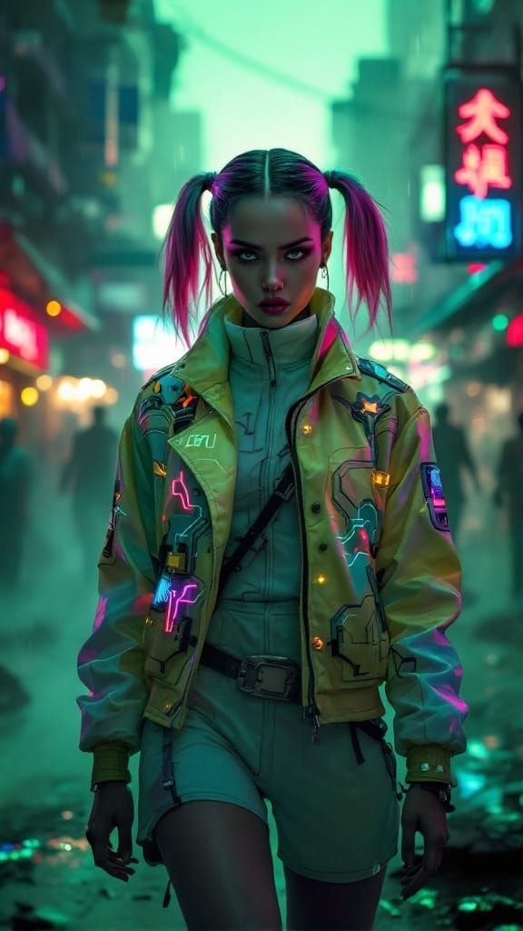 Cyberpunk Queen Emerges from a Neon Dystopian Haze