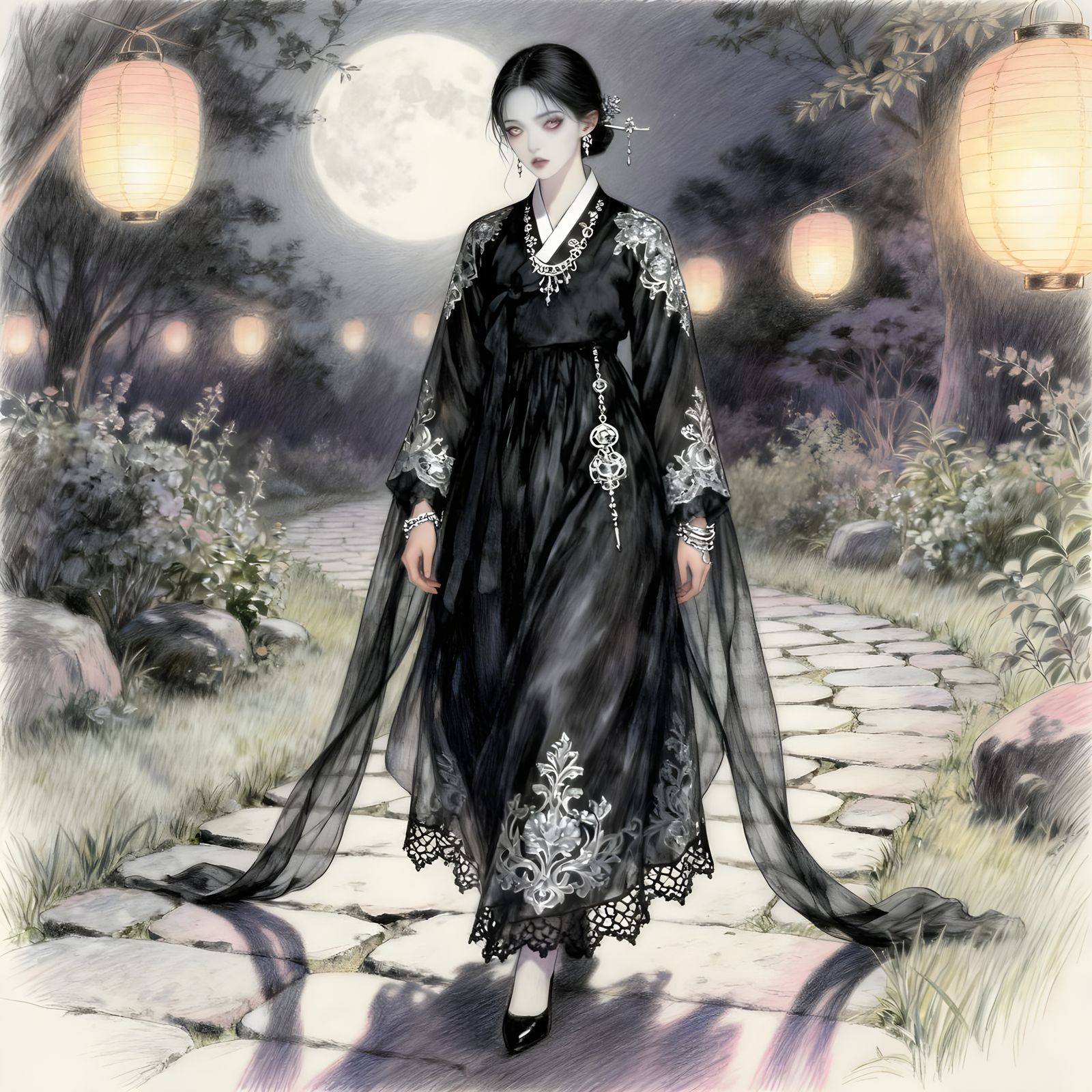 Gothic Woman in Hanbok, Moonlit Garden Manhwa Art