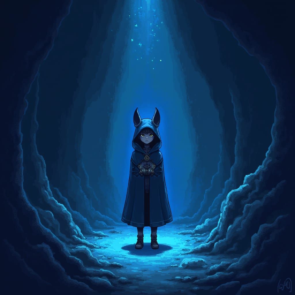 Mysterious Girl in Dark, Atmospheric Cave, Pixel Art Style