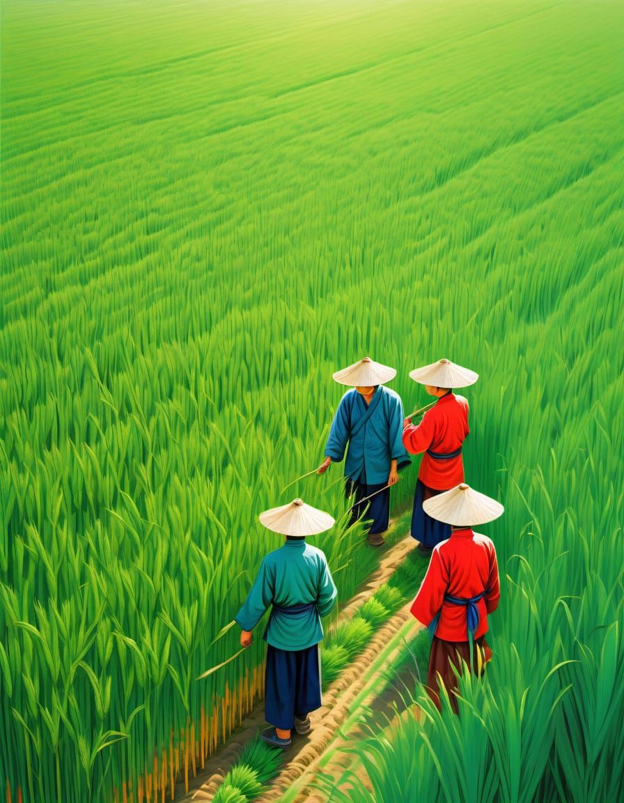 Chinese Farmers Work in Wheat Field, Zhang Daqian Style
