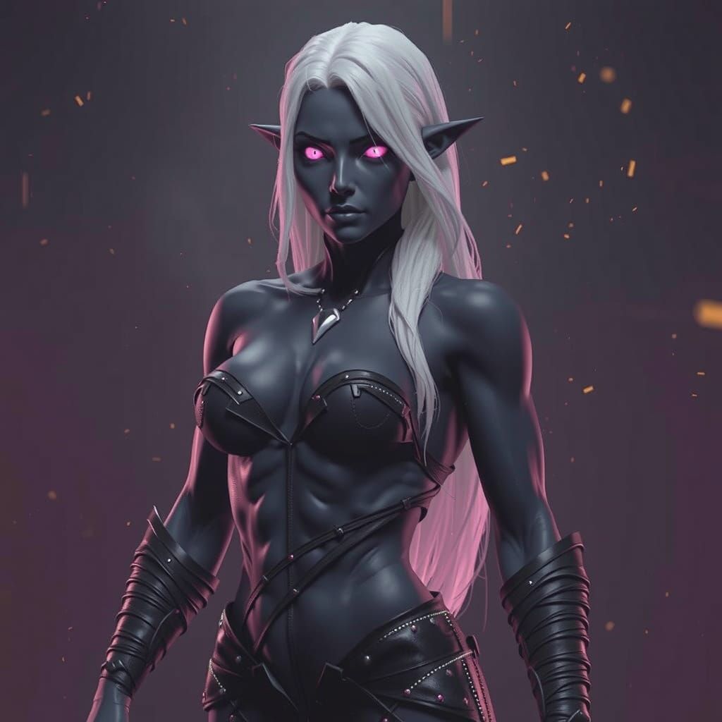 Muscle-Bound Drow Warrior with Pink Eyes