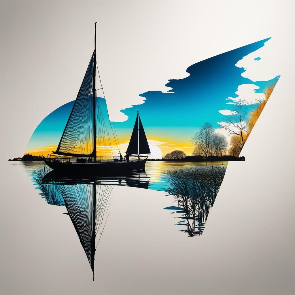 Sailboat Silhouette in Spring Holland, Double Exposure Ink D...
