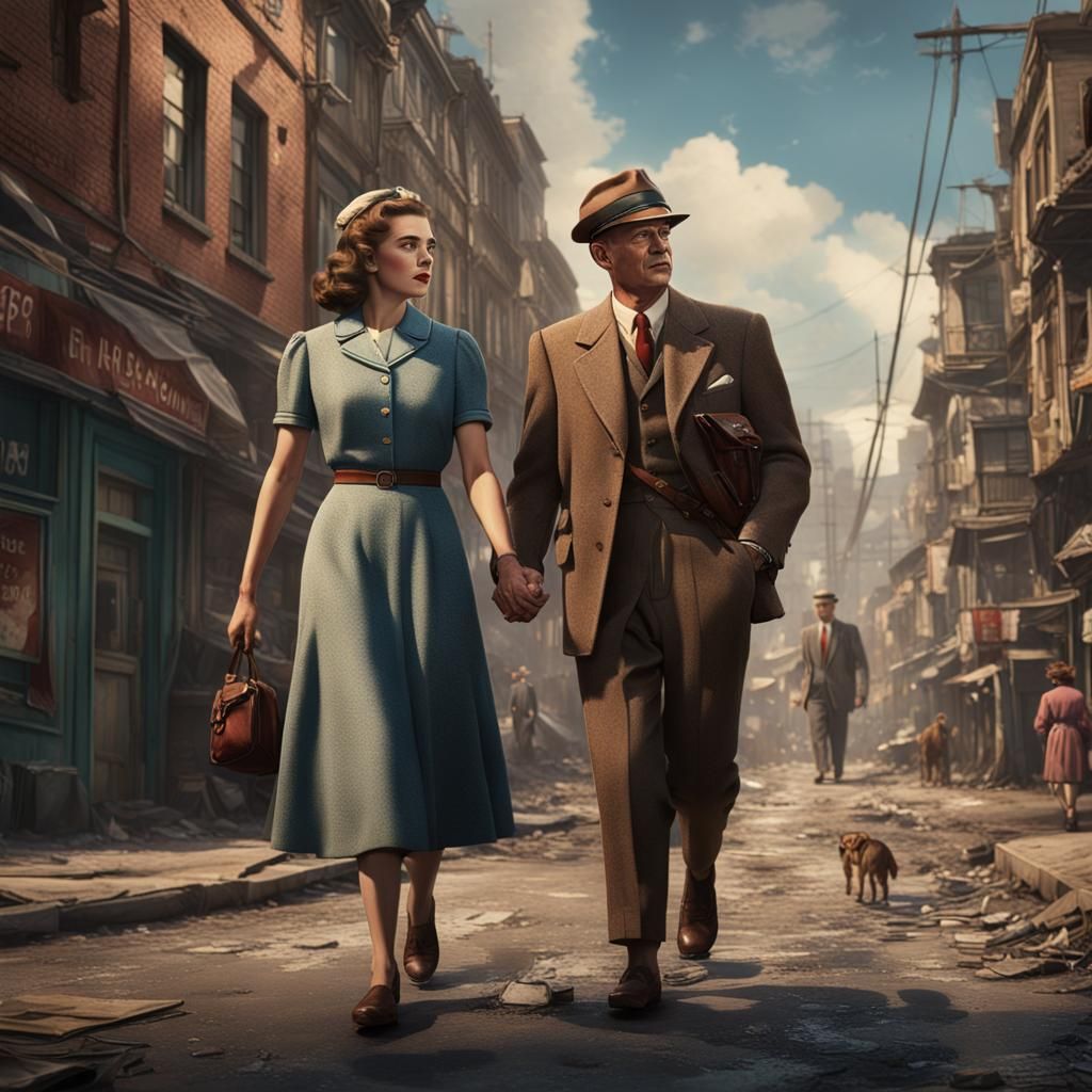 1940s Woman Walks with Man: Detailed Matte Painting