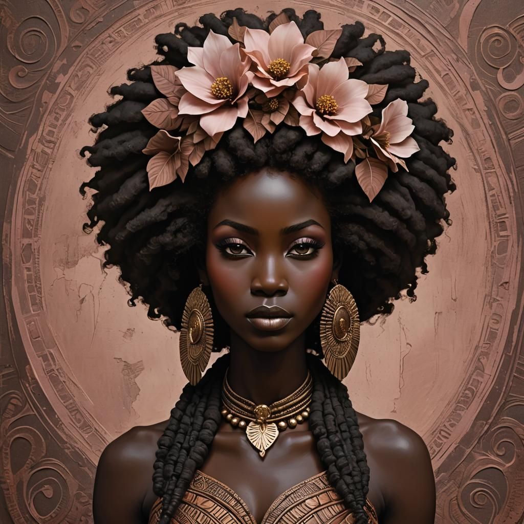 African Goddess with Floral Afro in Chiaroscuro