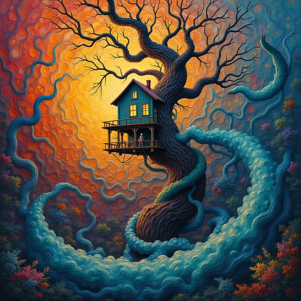 Surreal Treehouse in Swirling Vortex of Snakes