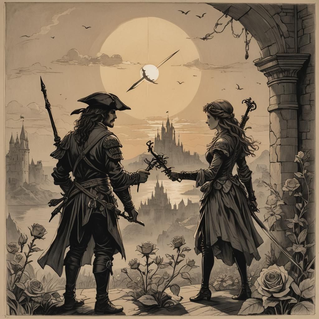 Intricate Sketch of Castle, Figures, and Symbolic Objects