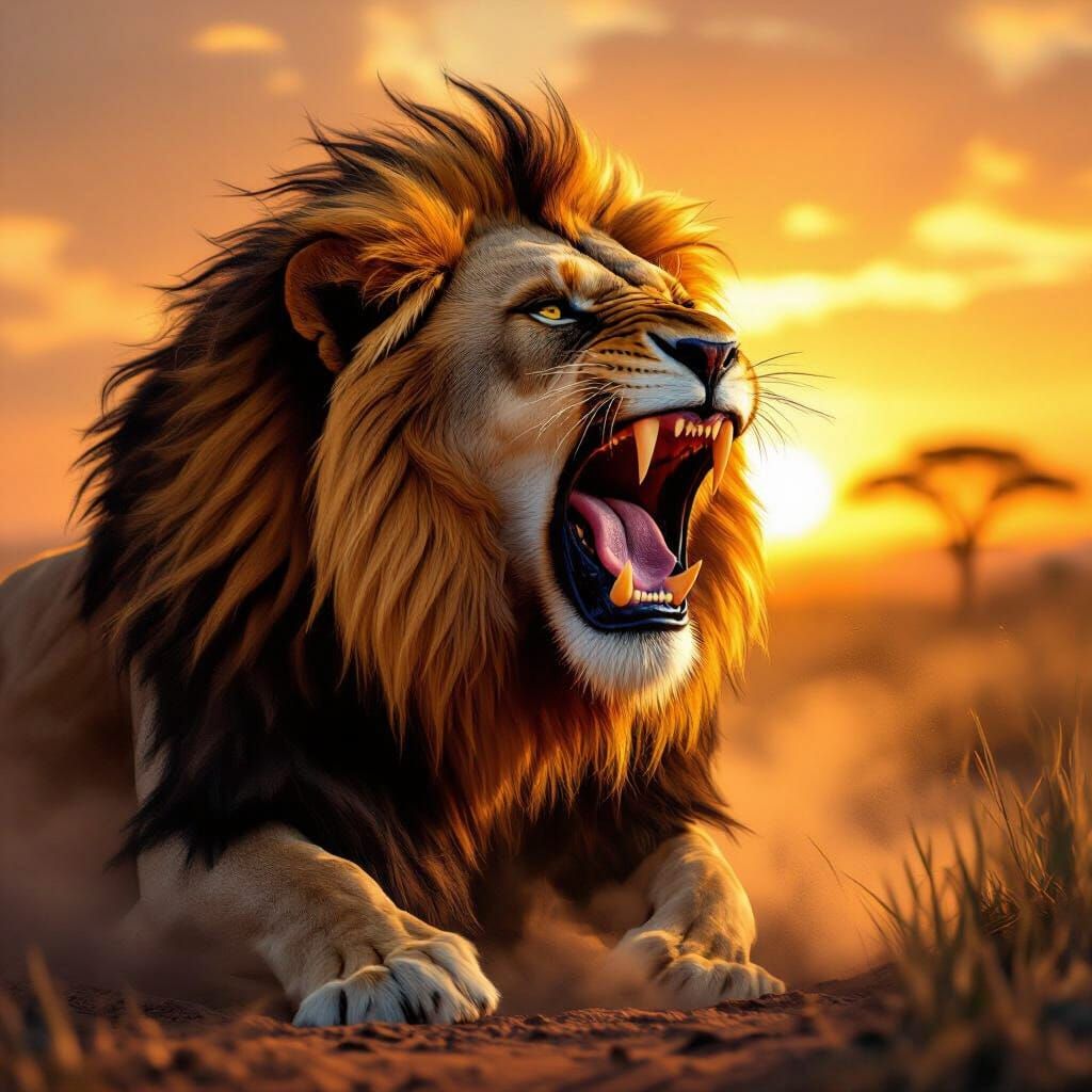 Enraged Lion Roaring on Sun-Baked Savanna at Dawn