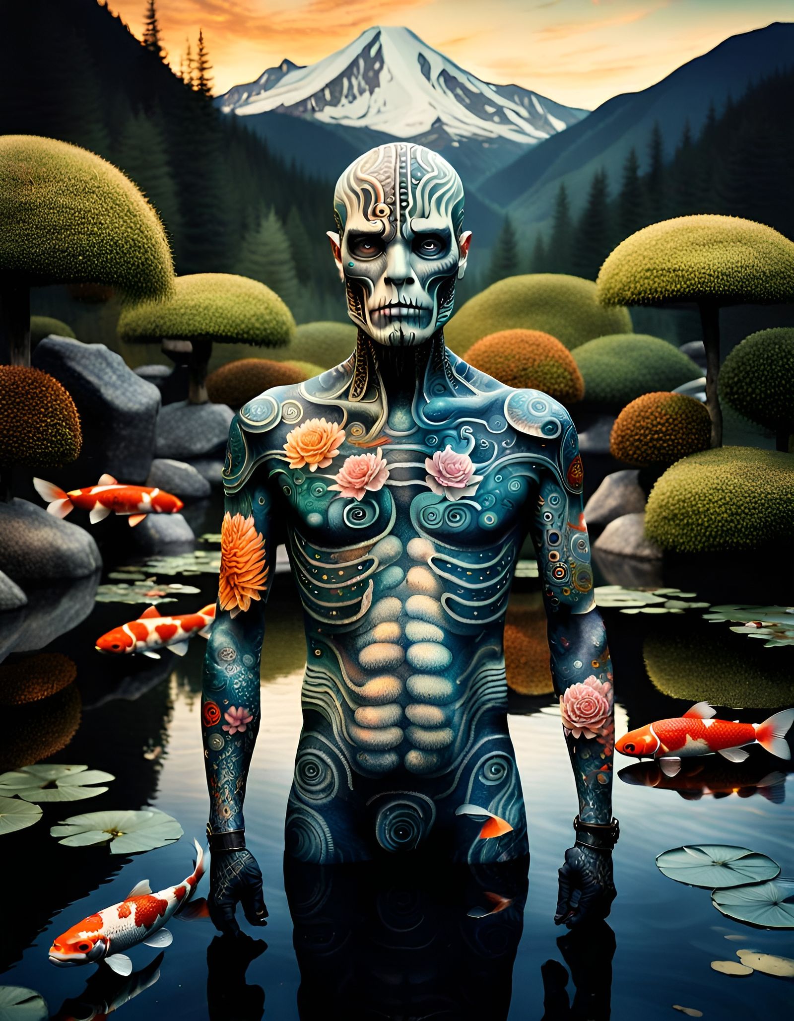 Tattooed Android in Mountain Landscape: Maximalist Art