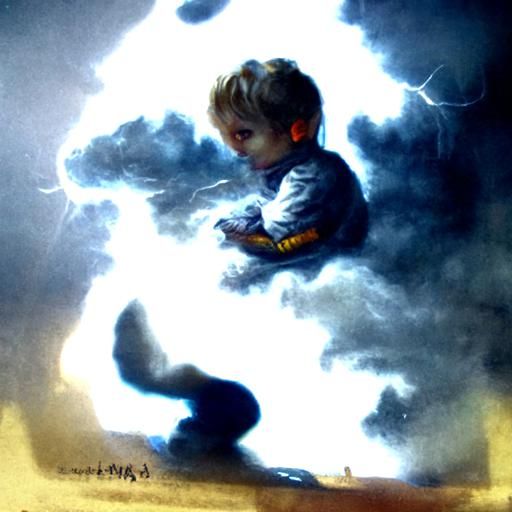 Boy on Cloud in Stormy Sky, Digital Art
