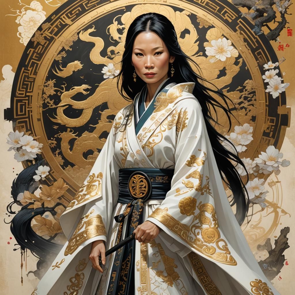Lucy Liu, wearing white cloak ninja style, chinese character...