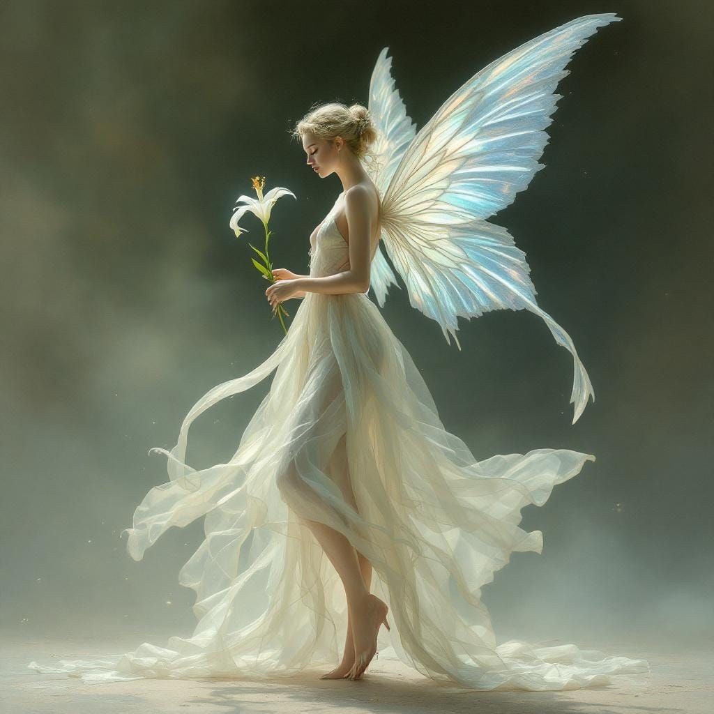 beauitful pixie woman wearing diaphanous gown with iradescent wings standing on tiptoe holding a lily in the style of Mi...