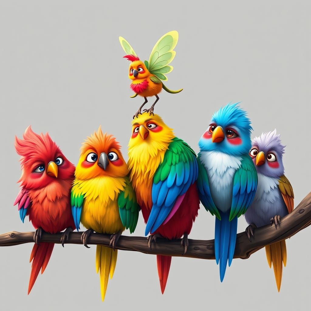 Vibrant Cartoon Birds in Whimsical Fantasy Scene