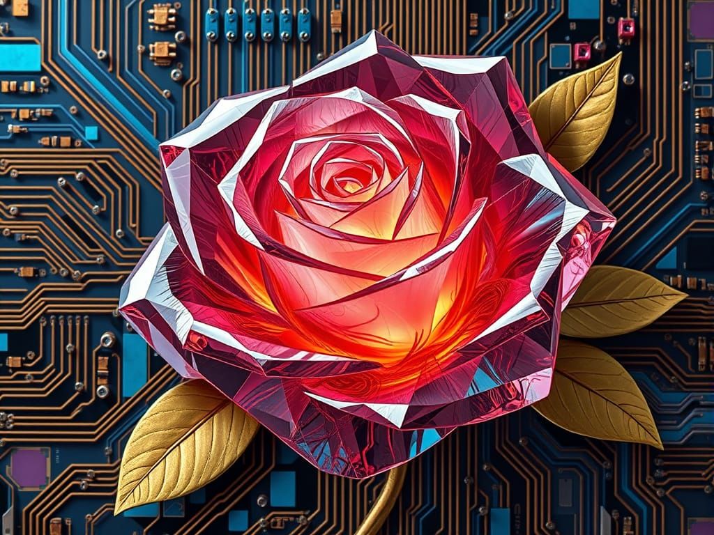 Geometric Crystal Rose with Motherboard Circuitry in Vibrant...