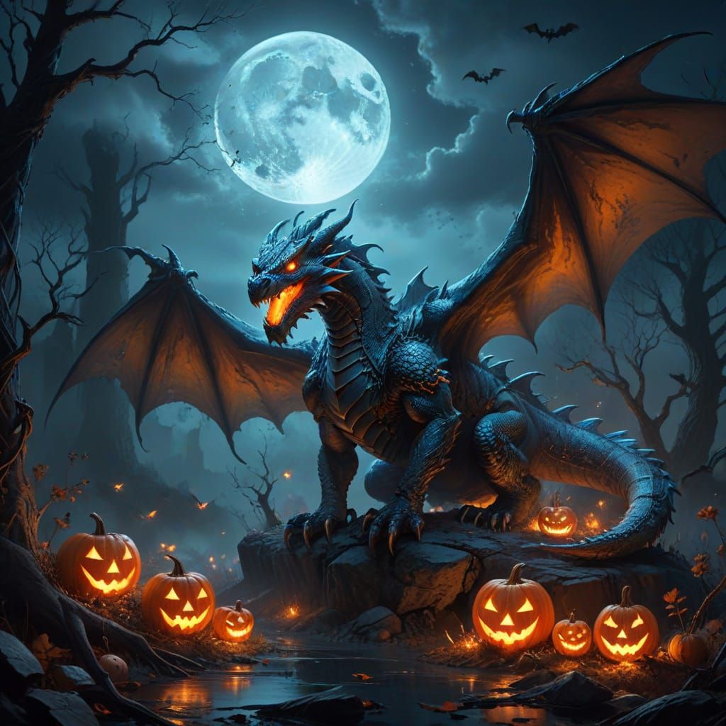 Fearsome Dragon Silhouetted Against Halloween Moon