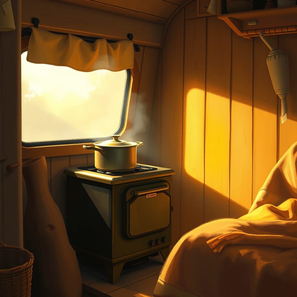 Cozy Vanlife Stove Scene with Golden Light