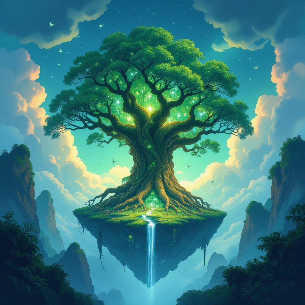 Ancient Sky Island Tree with Bioluminescent Flora