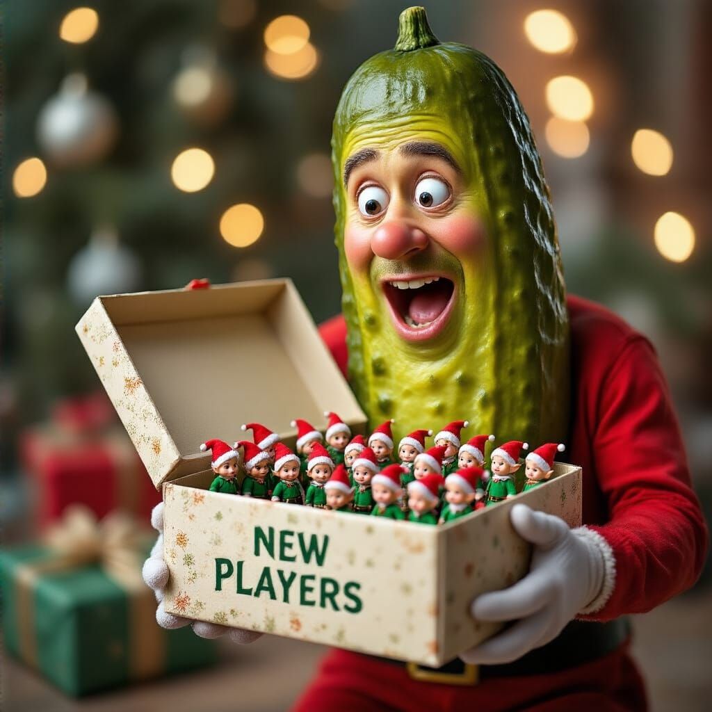 Pickle Man Astonished by 100 Elves in Gift Box