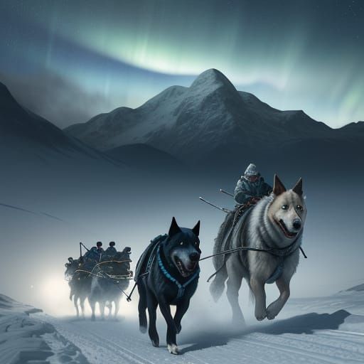 Dogs Pulling Sled Through Snowy Sci-Fi Landscape