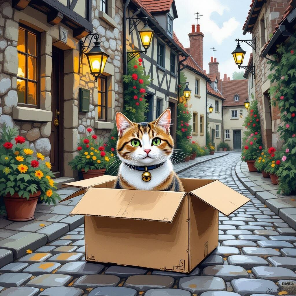 Whimsical Cat in Box on Cobblestone Street