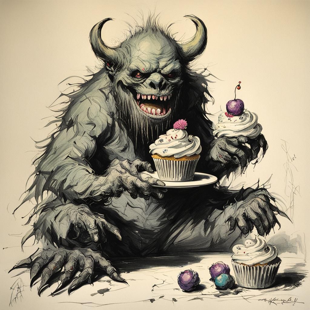 Monster with Cupcake in Pen and Ink Style