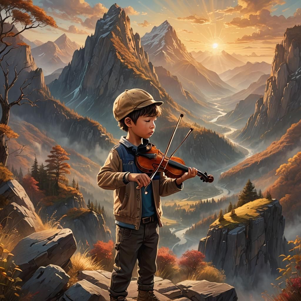 Boy Plays Violin at Sunrise: Fantasy Concept Art