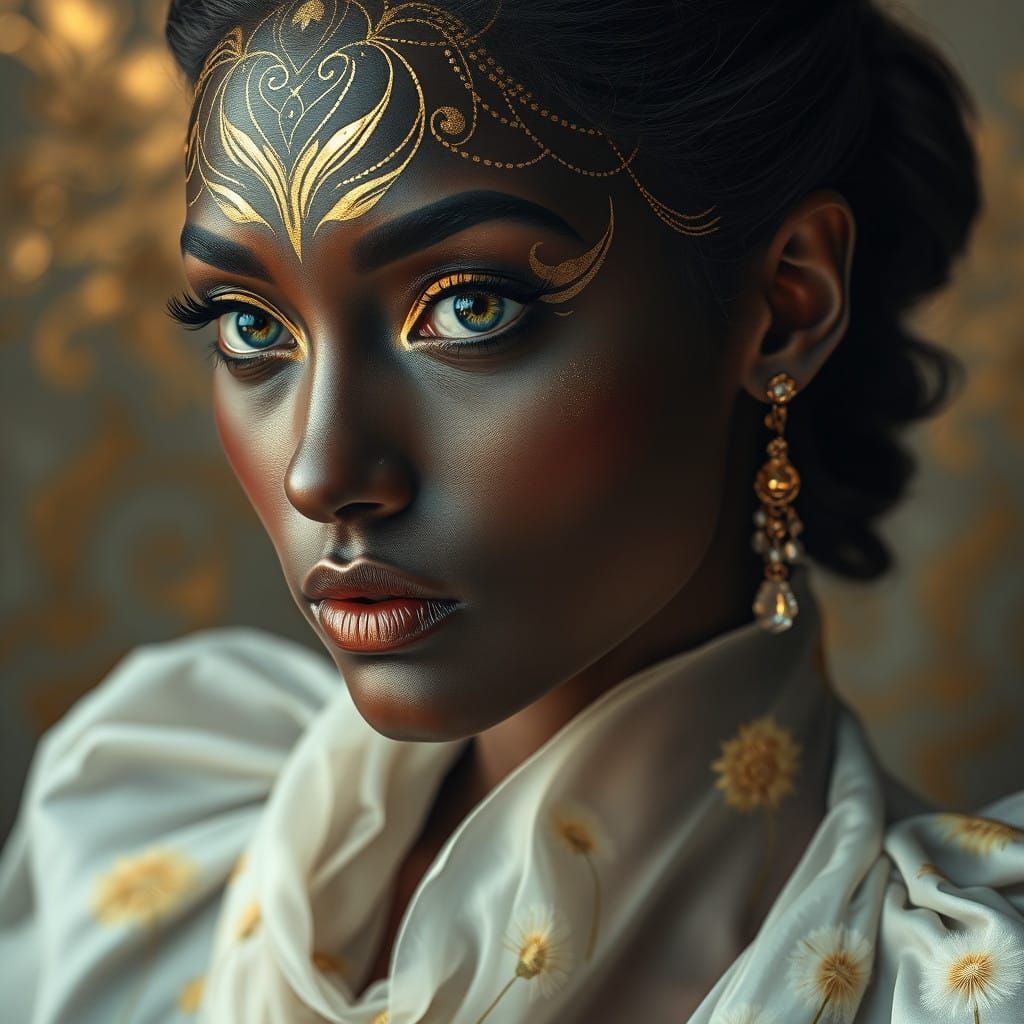 A woman with dark skin, piercing sapphire eyes, abstract makeup on her face in gold and silver, wearing a long white dan...