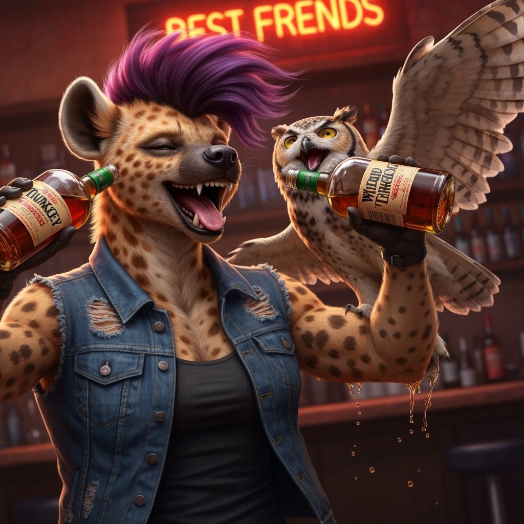 Hyena and Owl Friends Share Whiskey in Dive Bar