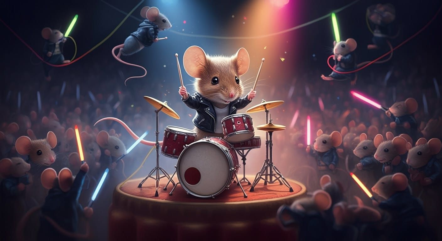 Whimsical Mouse Drummer in Neon Stage Show