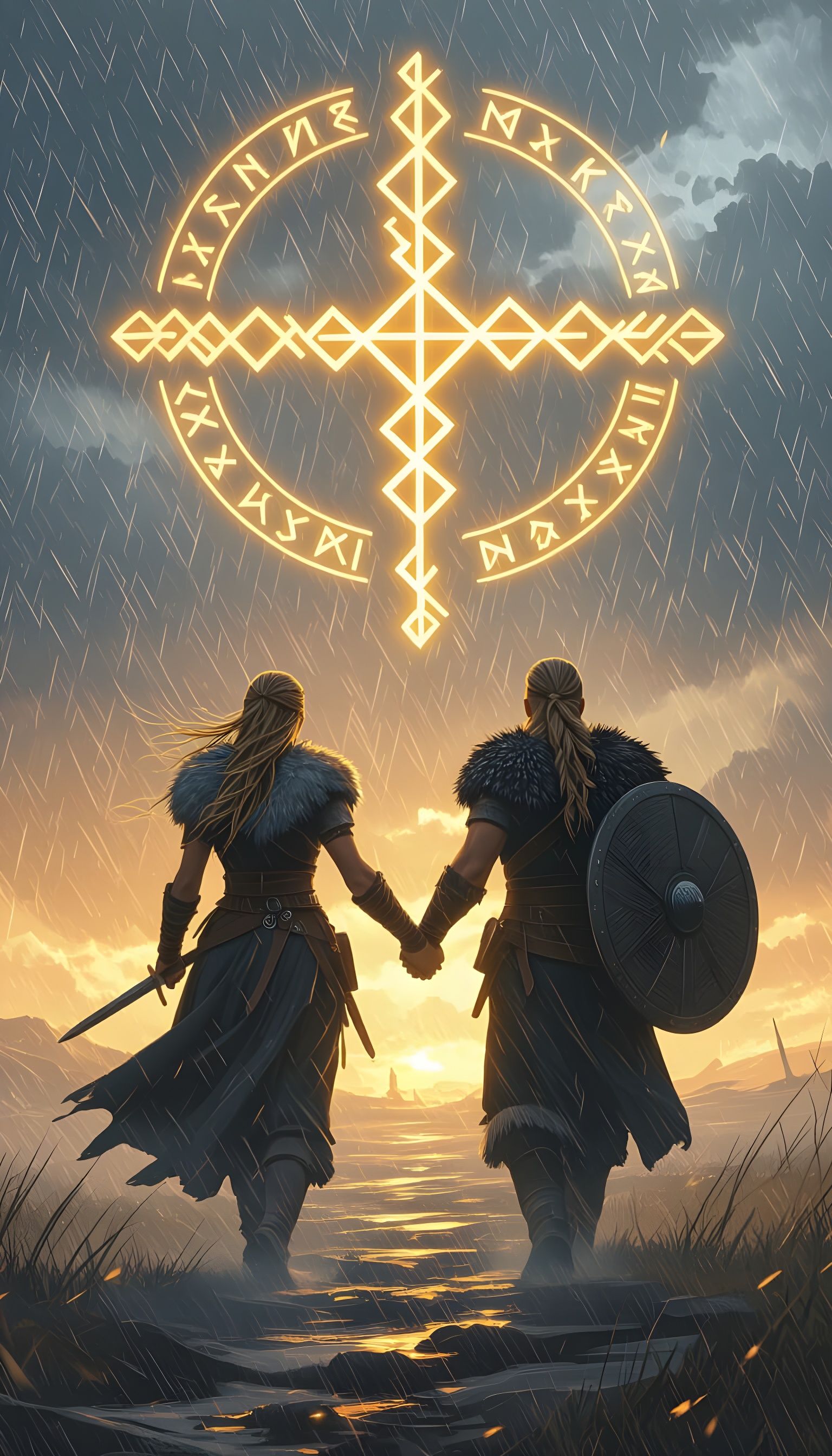 Nordic Warriors in Storm with Glowing Runes
