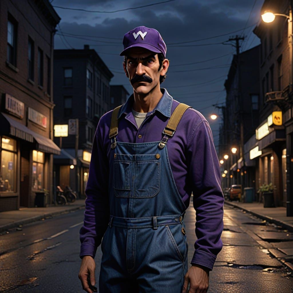Waluigi in Moody Streetlight Shadows