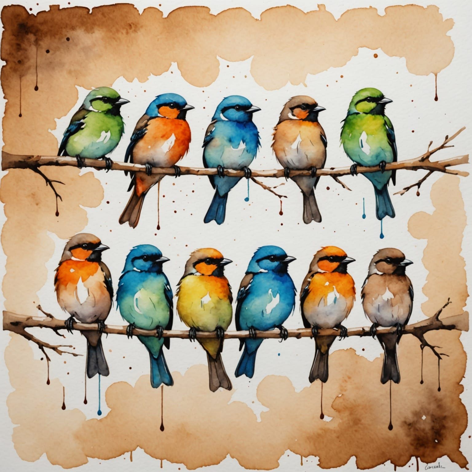 Colorful Birds on Branch in Watercolor Style