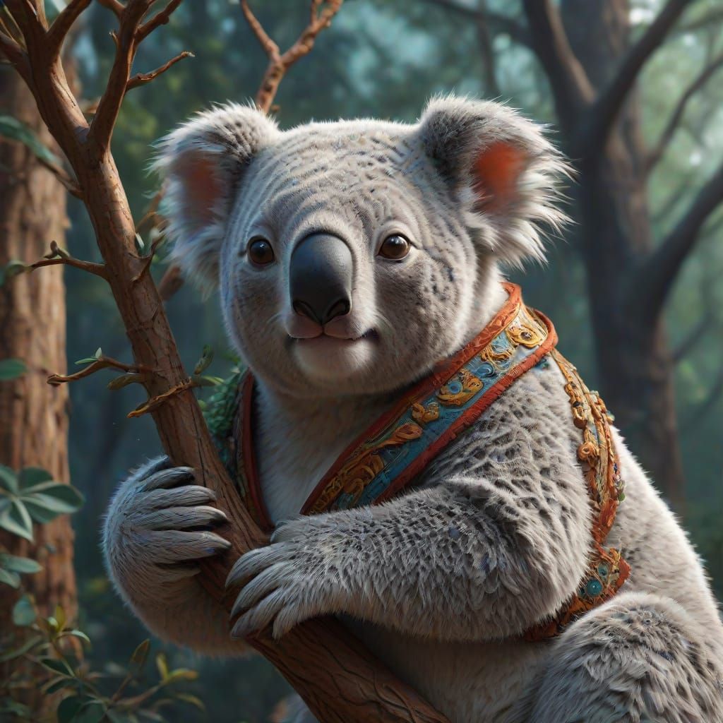 Fantastical Koala Landscape in Deep, Complementary Colors