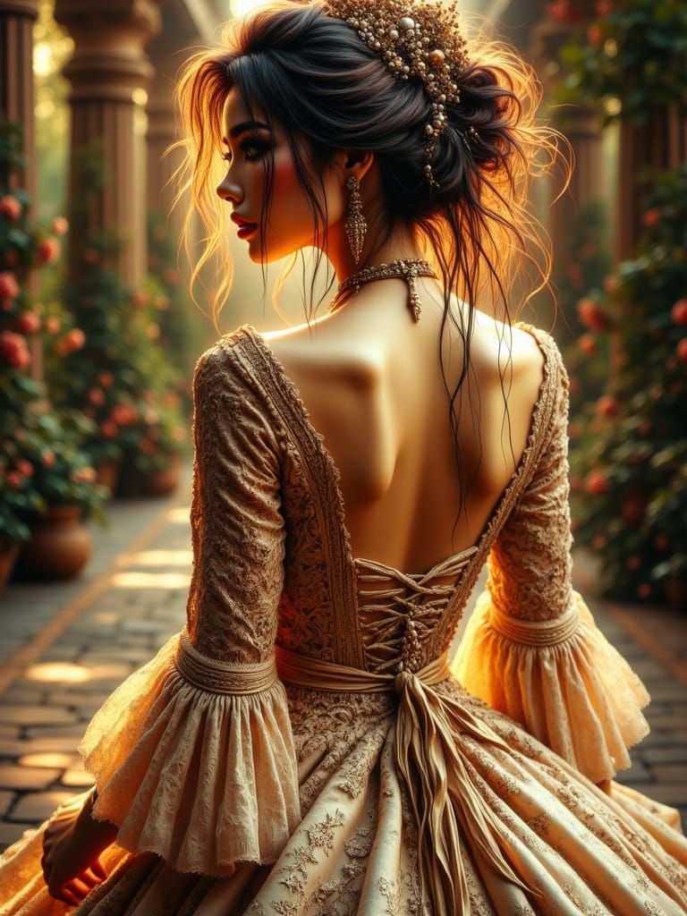 Cyberpunk Goddess in Golden Lace Gown