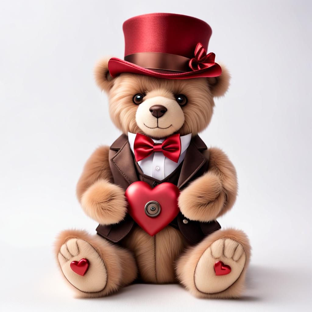 Steampunk Teddy Bear with Chocolates and Flowers