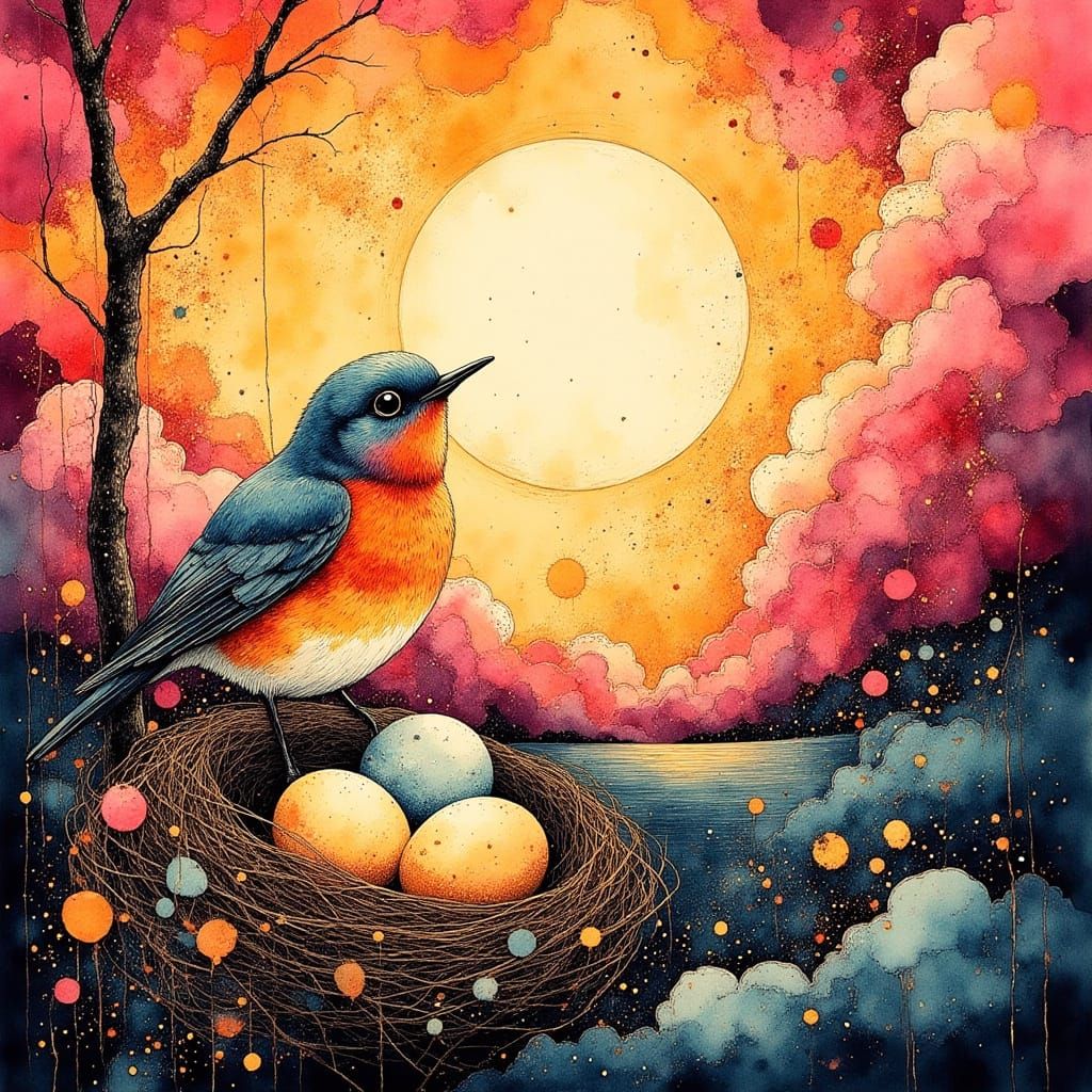 Robin in Space: Surreal Ink and Oil Art