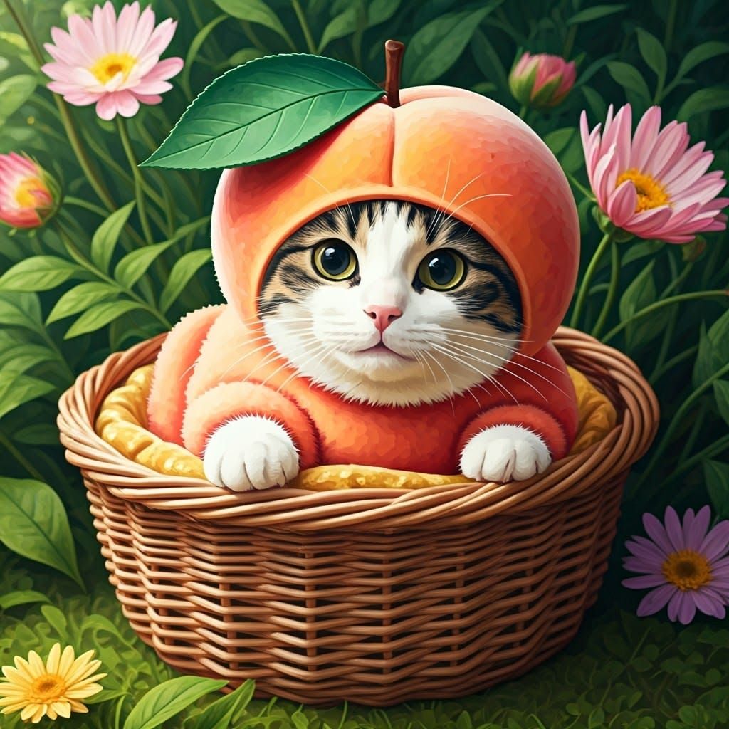 Whimsical Calico Cat in Peach Costume