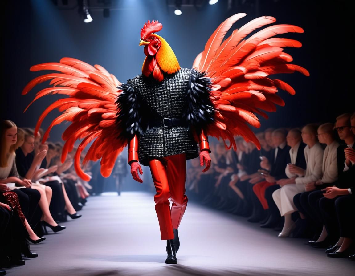 Rooster Hybrid Model Struts Down Fashion Catwalk