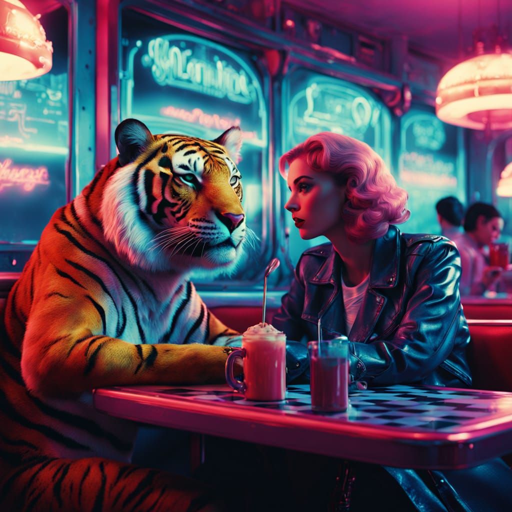 Retro-Futuristic Tiger Couple Share a Milkshake in a Neon-Li...