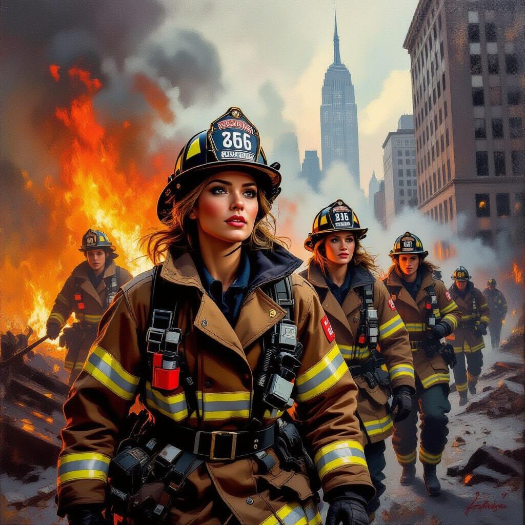 Brave Firefighters Emerge from Inferno in Expressionist Styl...