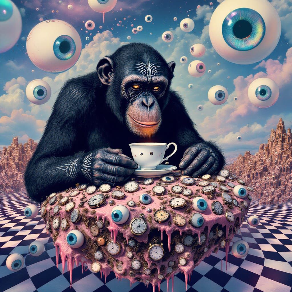 Giant Chimp Sips Tea in Surreal Melting Watch Landscape