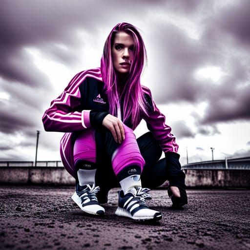 Hyperrealistic Woman in Tracksuit and Sneakers