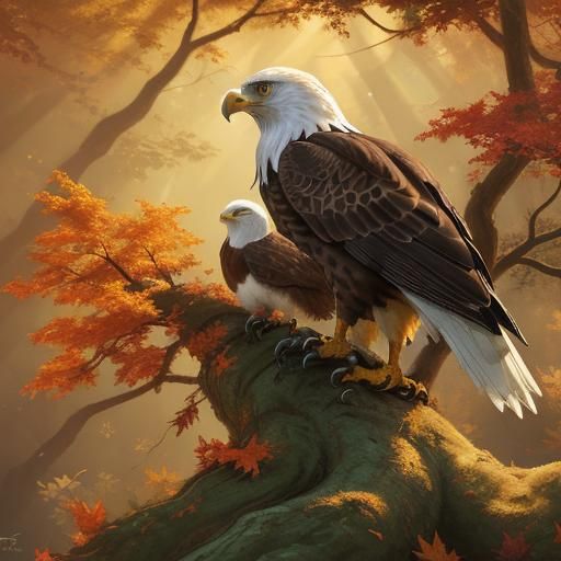 Chibi Boy and Eagle Observe Fox in Autumn Forest