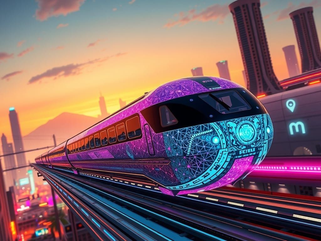 Sleek Monorail Train in a Dazzling Alien Cityscape
